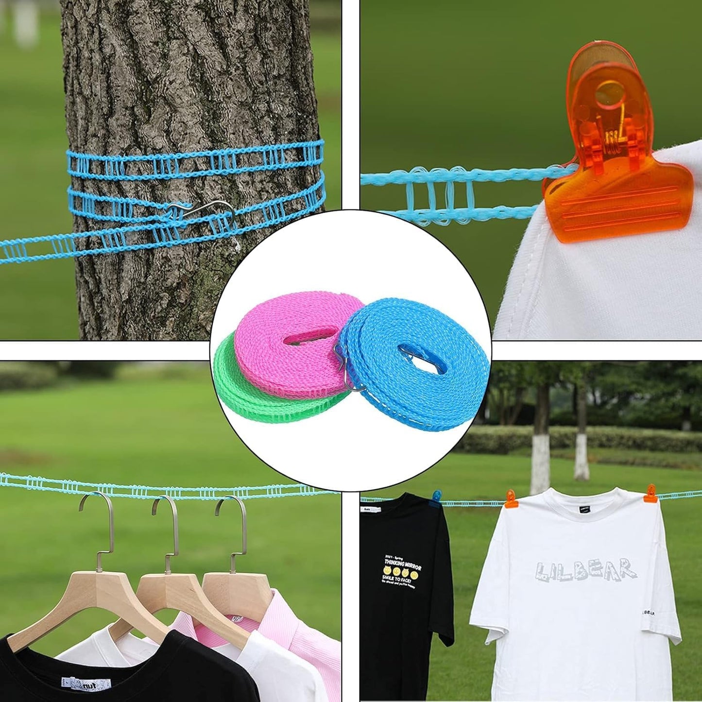 5 Meters Windproof Anti-Slip Clothes Washing Line Drying Nylon Rope with Hooks